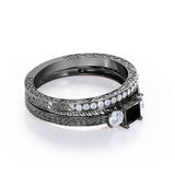 1.25 carat princess cut Black Diamond three stone filigree wedding ring set in white gold
