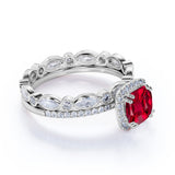 Antique Eternity 2.25 Carat Cushion Cut Lab Ruby and Diamond Halo Wedding Set in White Gold
