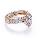 1.75 Carat Double Halo Vintage Moissanite and Diamond Pave Ring Pear Cut Milgrain Bridal Set in Rose Gold