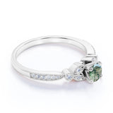 Vintage Prong Leaf Design 1.75 Carat Round Cut Milky White Dendritic Moss Green Agate and Diamond Art Deco Engagement Ring