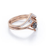 Asymmetrical Bypass 0.85 Carat Round Cut Black Rutilated Quartz and Diamond Contour Pave Bridal Set Rings