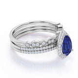 Art Deco 2.25 Ct Pear Cut Lab Sapphire Bridal Set