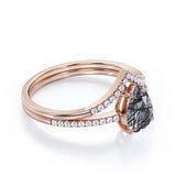 1.40 ct Pear Black Rutilated Quartz V Style Pave Bridal Set