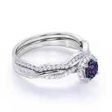 Twist Under Halo 1.75 Carat Round Cut Lab Grown Alexandrite and Diamond Semi Eternity Wedding Set Rings