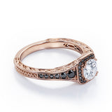 Double Prong Cluster - 1.4 TCW Round Moissanite with Lab Created Black Diamond - Filigree Pave Channel Engagement Ring in Rose Gold