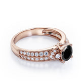 Simple Four Prong 1.50 Carat Round Cut Black Diamond Vintage Milgrain Multi Row Engagement Ring In Rose Gold