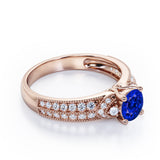 Antique 4 Prong 1.50 Carat Round Cut Sapphire And Diamond Vintage Milgrain Layered Engagement Ring In Rose Gold