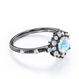 Snowflake Inspired 0.6 carat Round Moonstone and Moissanite Engagement Ring in Black Gold