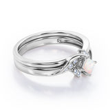 Petite Pave-Channel - 0.55 TCW Rhombus Princess Cut Opal and Moissanite - Prong Tensioned Wedding Ring Set - Rose Gold