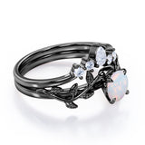 Nature Inspired 1.20 Carat Round Cut White Fire Opal And Diamond Leaf Vine Art Wedding Ring Set In White Gold For Her