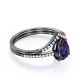 Chevron Pave Set 1.40 Carat Pear Cut Lab Created Alexandrite And Diamond V Style Bridal Set In White Gold