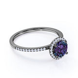 Minimalist Halo 1.50 Carat Round Cut Simulated Alexandrite and Diamond Pave Engagement Ring