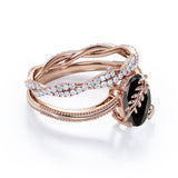 1.50 ct Oval Lab Black Diamond Leaf Vine Bridal Set