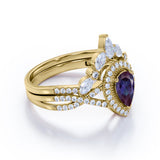 Unique Halo Crown 2 Carat Pear Shaped Lab Created Alexandrite and Diamond Pave Art Deco Wedding Ring Sets - Bridal Set Rings in Rose Gold for Her