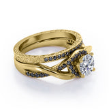 Filigree Tension-Halo 1.5 TCW Round Shape Moissanite with Lab Created Black Diamond Twisted Half Pave Wedding Set in Black Gold