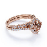 Antique 1.50 ct Cushion Morganite Halo Bridal Set