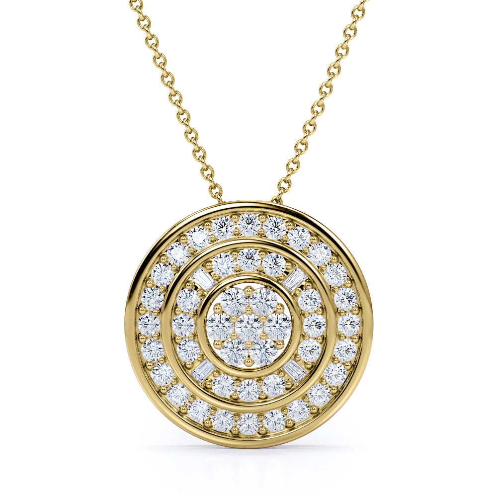 Classic Layered 0.9 carat Round and Baguette Cut Moissanite/ Diamond Pendant Necklace in 18k White Gold Over Silver