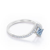 Chevron 1.25 Carat Princess Cut Aquamarine And Diamond Four Prong Pave Set Engagement Ring In White Gold
