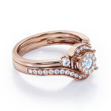 Pave-Prong Design 0.55 TCW Round Shape Moonstone and Moissanite Bridal Ring Set in Rose Gold