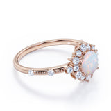 Clustered Halo 1.30 Carat Round Cut Translucent Opal And Diamond Antique Beaded  Engagement Ring In White Gold