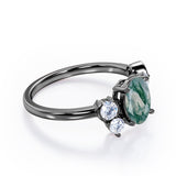 Unique 1 carat Oval Five Stone Ring With Petite Moss Green Agate and Diamond in White Gold