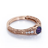 Vintage Prong Solitaire 1.25 Carat Round Cut Lab Made Purple Alexandrite and Diamond Art Deco Filigree Engagement Ring in White Gold for Her