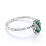 Classic Bezel Set 1.25 Carat Oval Cut Milky Finely Veined Moss Green Agate and Diamond Pave Engagement Ring in White Gold for Women