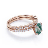 Timeless 4 Prong Solitaire 1.50 Carat Oval Cut Opaque White Mossy Green Agate and Diamond Art Deco Band Wedding Ring Sets