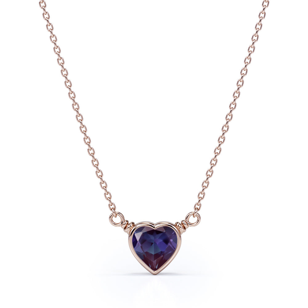 Romantic 0.5 Carat Heart Shaped Lab Created Alexandrite Bezel Set Pendant Necklace In White Gold