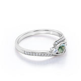 Bypass Three Stone 1.75 Carat Round Cut Milky White Scenic Moss Green Agate and Diamond Channel Set Engagement Ring for Women