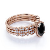 1.75 Carat Oval cut Lab Black Diamond Trio Wedding Ring Set for Women in Rose Gold
