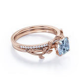 1.25 Carat Cushion Cut Aquamarine And Diamond Nature-Inspired Wedding Ring Set in White Gold