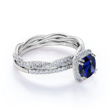 Classic Pave 2.25 Carat Cushion Cut Sapphire and Diamond Halo Bridal Set with Infinity Band in White Gold