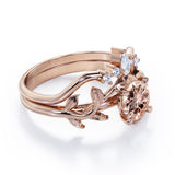 Nature Leaf 0.55 carat Round Morganite and Moissanite Crown Bridal Ring Set in Rose Gold