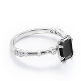 Sharp Eight Claws 1.10 Carat Emerald Cut Black Diamond Beaded Engagement Ring In White Gold