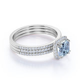 Pave 2.50 Carat Princess Cut Aquamarine and Moissanite Trio Wedding Ring Set in 18k White Gold over Silver
