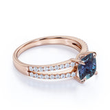 Double Shank Single Stone 1.50 Carat Cushion Cut Simulated Alexandrite and Diamond Pave Classic Engagement Ring