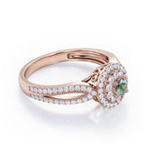 Double Halo Cluster 1.8 Carat Round-Shaped Green Moss Agate and diamond Split-Shaked Milgrain Pave Engagement Ring in Rose Gold