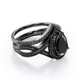 1.75 ct Pear Lab Black Diamond Milgrain Halo Wedding Ring Set