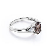 Tapered Prong Setting 1.15 Carat Oval Cut Druzy Black Rutilated Quartz and Diamond 7 Stone Classic Engagement Ring