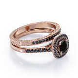 Filigree Scalloped Pave 1.65 TCW Princess Cut Lab Created Black Diamond Double Halo Style Wedding Ring Set in White Gold