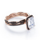 Crossover with Pave Accents - 1.75 TCW Emerald Cut Moissanite with Lab Created Black Diamond - Halo Bridal Ring Set in White Gold