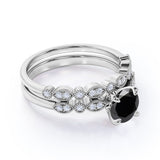 Affordable pair 1.50 Carat Lab Black Diamond Antique Wedding Ring Set in White Gold