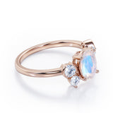Unique 1 carat Oval Five Stone Ring With Petite Moonstone and Diamond in White Gold