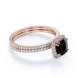 Beautiful 1.75 Carat Cushion cut Lab Black Diamond Halo Wedding Ring Set in Rose Gold