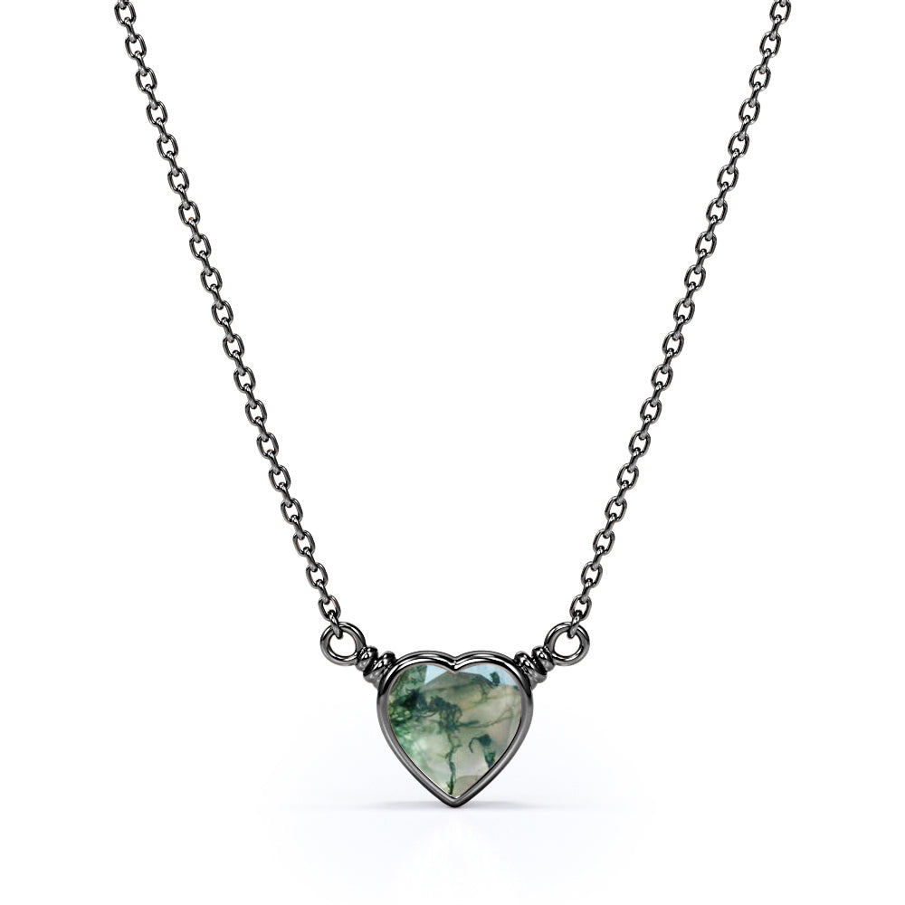 Solitaire Heart 0.5 carat Moss Agate Bezel Pendant in White Gold Necklace