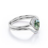 Modern Solitaire 1.75 Carat Teardrop Shape Natural Dendritic Moss Green Agate and Curved Diamond Pave Band Bridal Set Rings