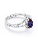 Chevron Pave Set 1.40 Carat Pear Cut Lab Created Alexandrite And Diamond V Style Bridal Set In White Gold