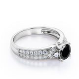 Simple Four Prong 1.50 Carat Round Cut Black Diamond Vintage Milgrain Multi Row Engagement Ring In Rose Gold