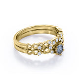 Unique Filigree 0.65 Carat Round Cut Black Needles Rutilated Quartz and Diamond Art Nouveau Wedding Ring Sets